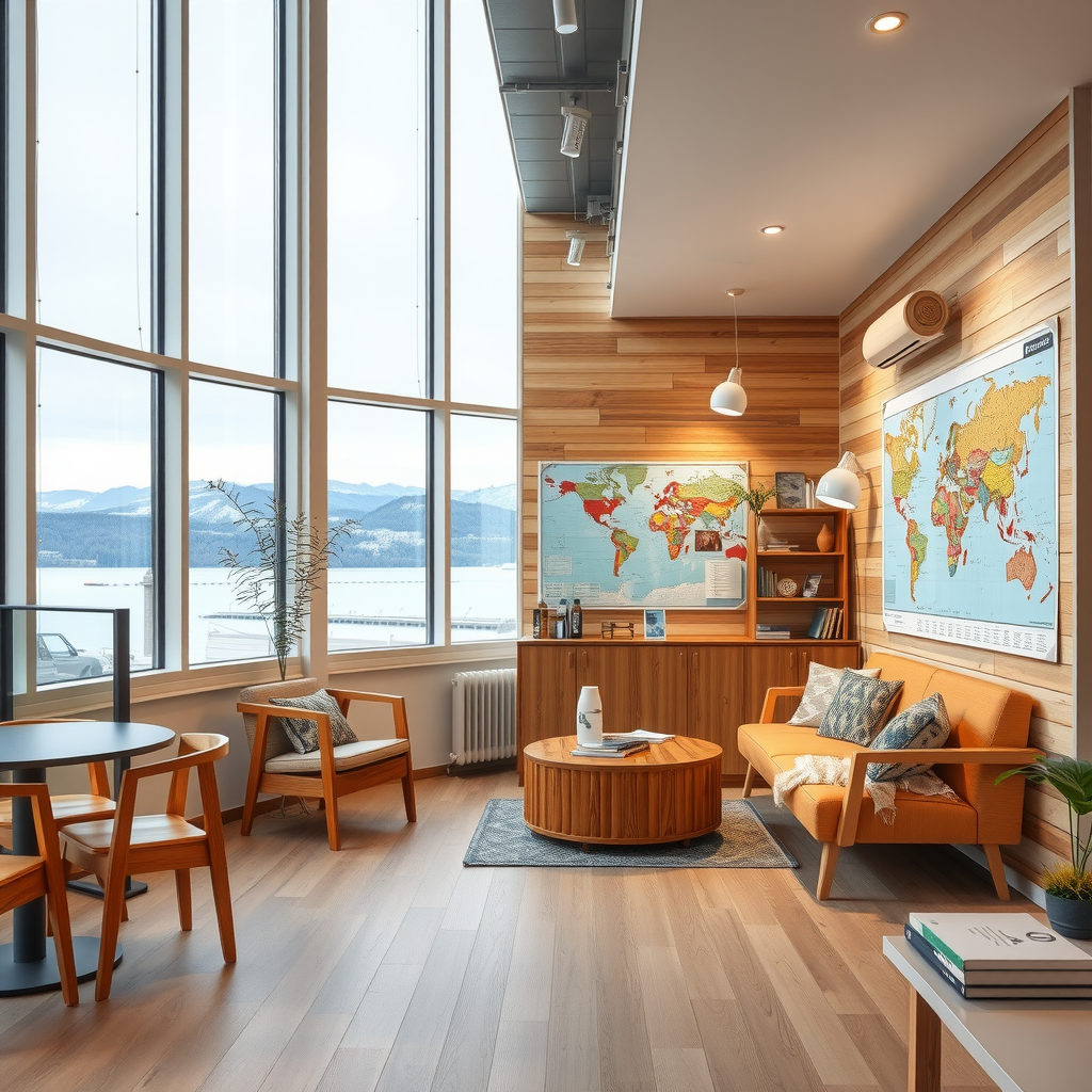Modern travel agency office in Skedsmokorset, Norway featuring Scandinavian design with large windows, wooden furniture, travel maps on walls, and cozy seating area