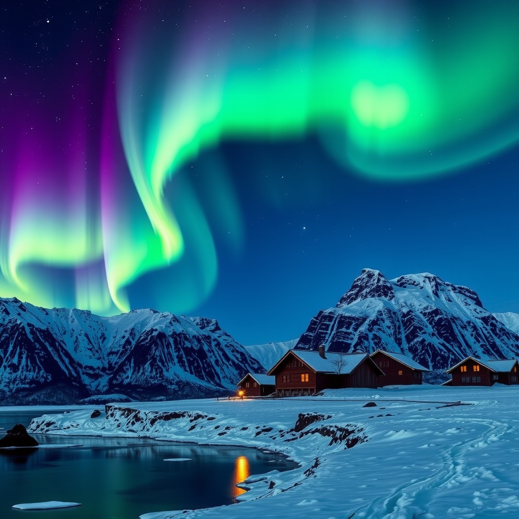 Spectacular northern lights aurora borealis dancing across the dark Arctic sky above snow-covered mountains and traditional Norwegian wooden houses in Tromsø, with vibrant green and purple curtains of light reflecting on a frozen fjord