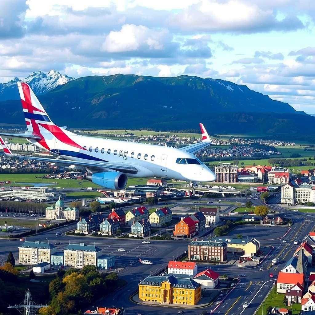 Modern aircraft flying over scenic Nordic landscape with Oslo cityscape in foreground and Reykjavik's colorful buildings in background, showcasing the new direct flight route between Norway and Iceland