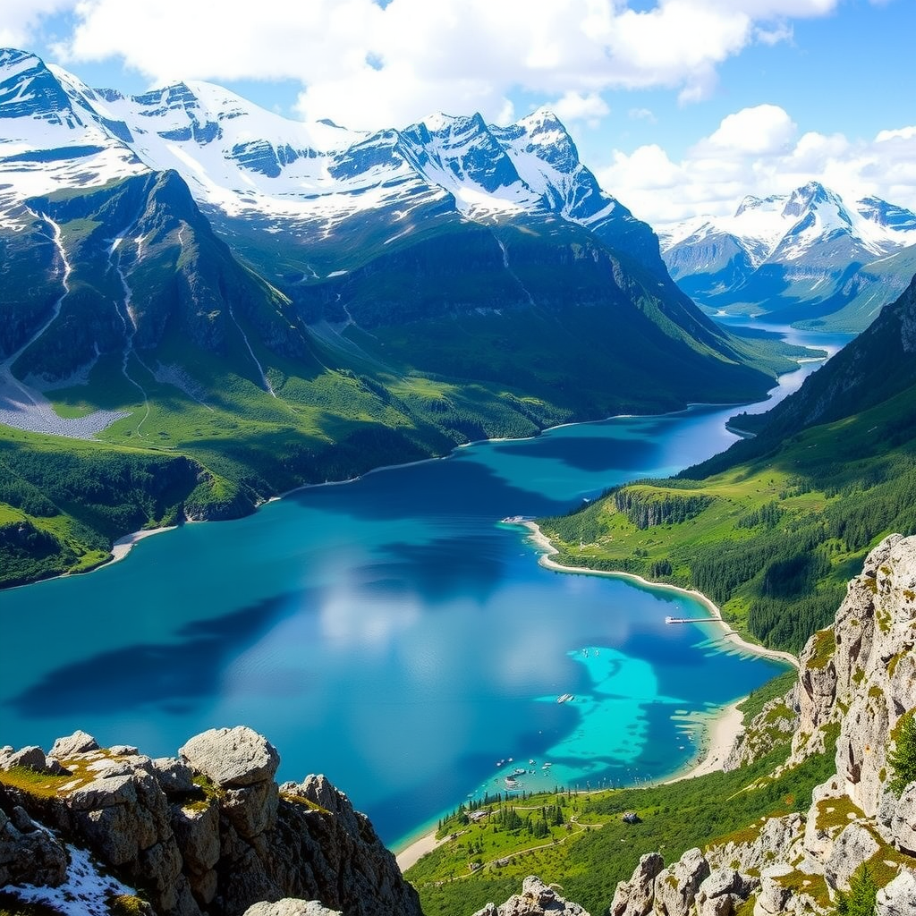 Stunning Norwegian fjord landscape with crystal clear turquoise waters surrounded by dramatic snow-capped mountains and lush green valleys, showcasing the pristine natural beauty that the sustainable tourism initiative aims to protect