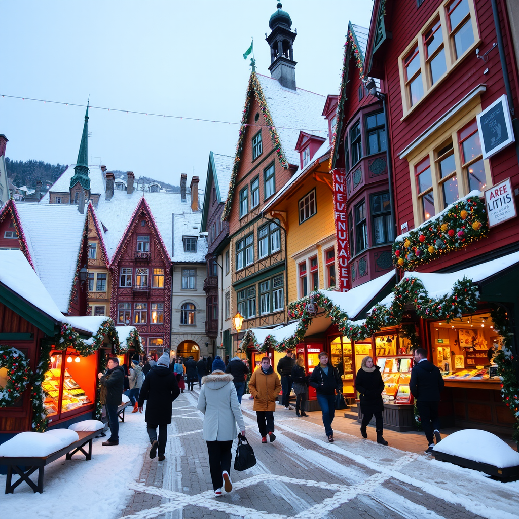 Bergen's historic Bryggen district decorated with colorful winter festival lights and traditional Norwegian decorations, with wooden buildings covered in snow and visitors walking through the festive market stalls