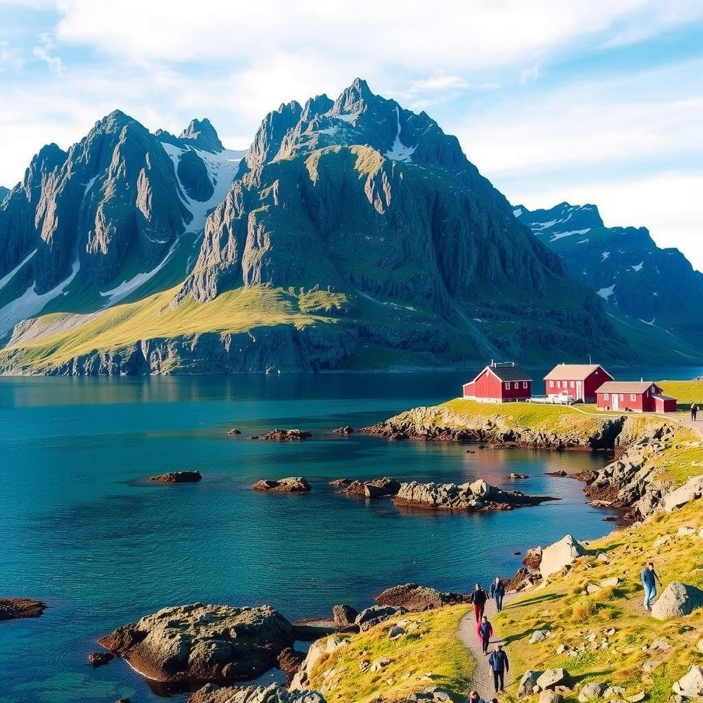 Dramatic mountain peaks of the Lofoten Islands rising from crystal blue waters, with traditional red fishing cabins (rorbuer) dotting the shoreline and tourists hiking on scenic trails