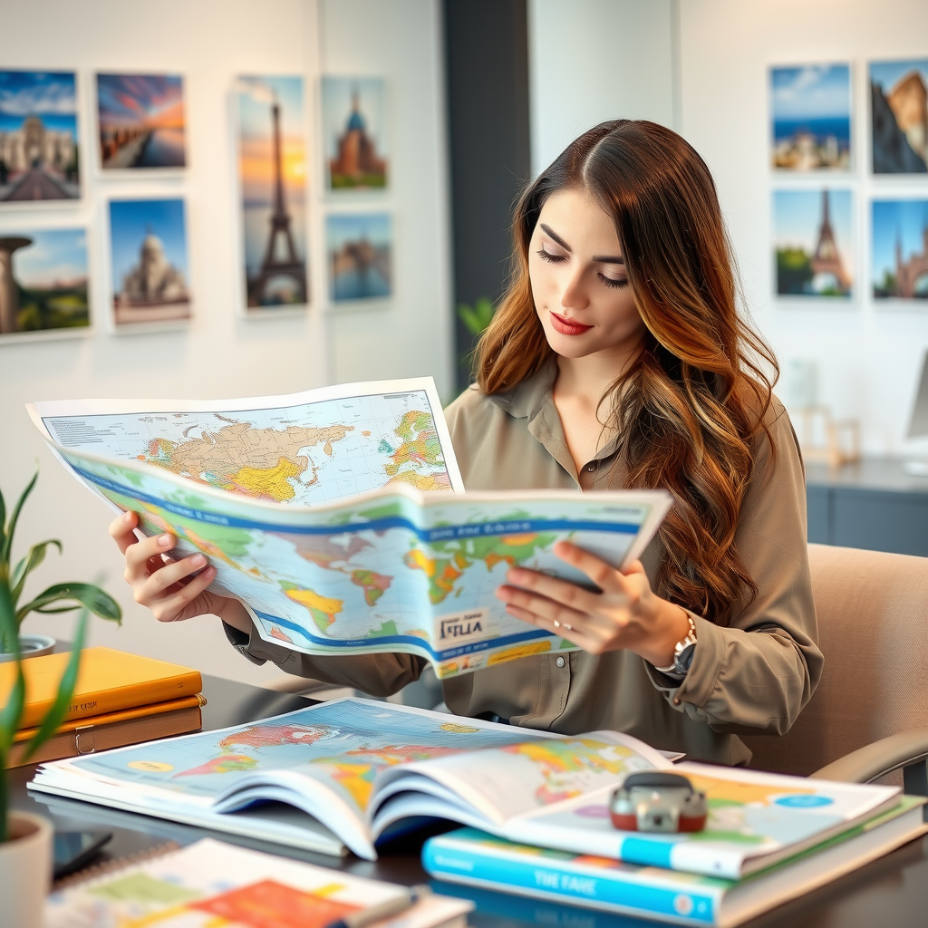 Professional travel consultant working with maps and travel guides, planning personalized itineraries for clients in a modern office setting with destination photos on the wall