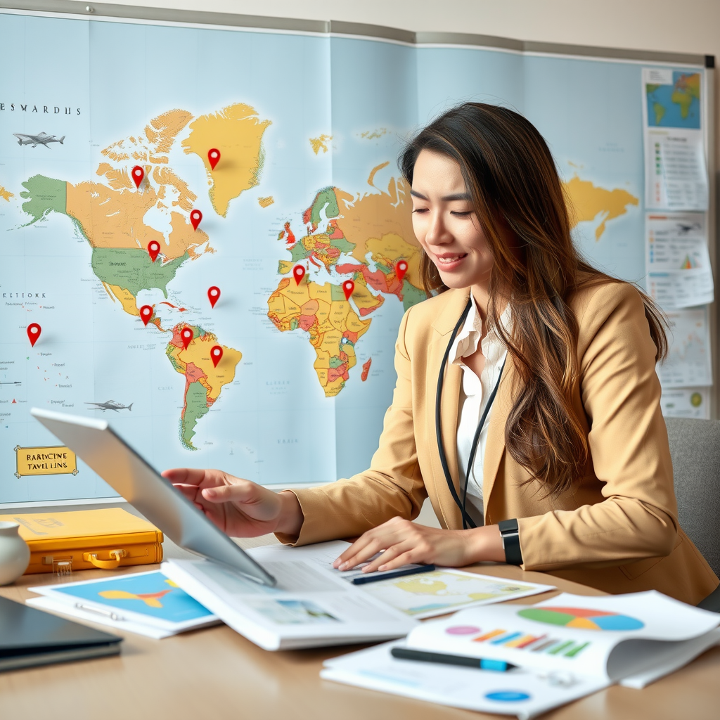Professional travel consultant working with world map showing various destination pins and travel planning materials