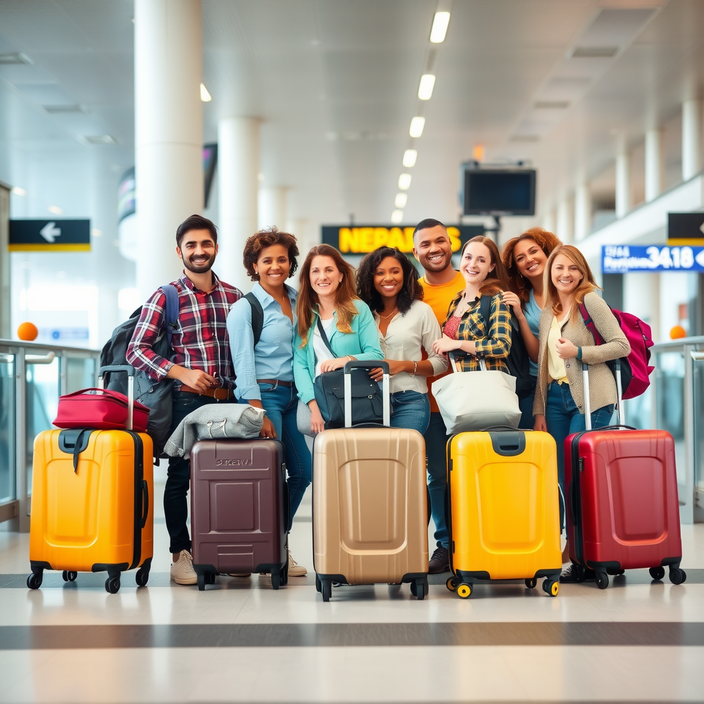 Happy group of diverse travelers with colorful luggage standing together at modern airport departure gate, all smiling and excited for their coordinated group trip