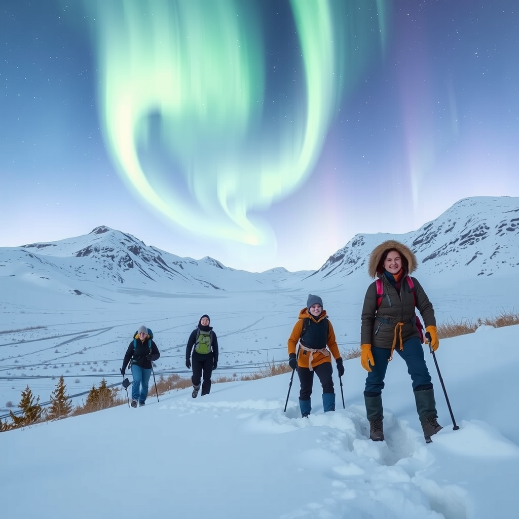 Adventurers trekking through snowy Arctic landscape with Northern Lights dancing in the sky above