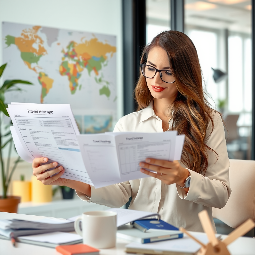 Professional travel insurance consultant reviewing comprehensive coverage options with travel documents and world map in modern office setting