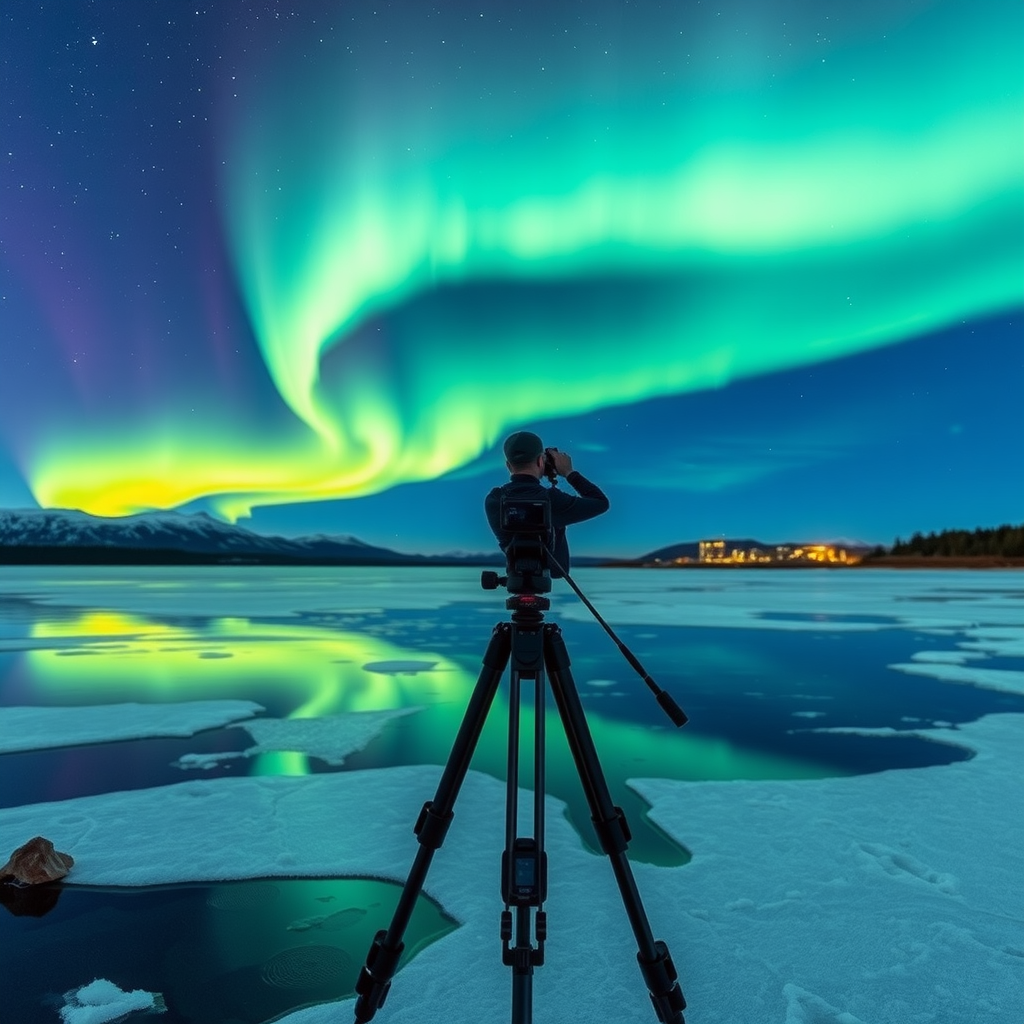 Professional photographer with camera on tripod capturing the northern lights over a frozen lake in Tromsø, with the aurora's green glow reflecting on the ice surface