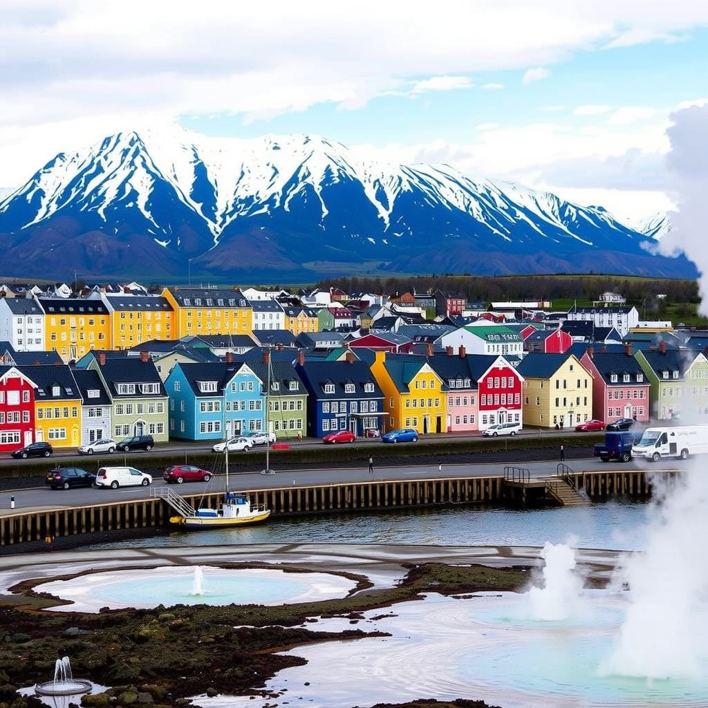Stunning view of Reykjavik's colorful harbor buildings with snow-capped mountains in background and geothermal steam rising from natural hot springs, representing Iceland's unique attractions accessible via the new flight route
