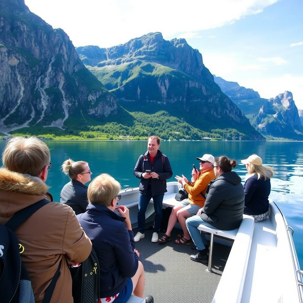 Group of international tourists on an electric boat tour through Norwegian fjords, with a local guide pointing out wildlife and conservation efforts, surrounded by pristine mountain scenery and clear blue waters