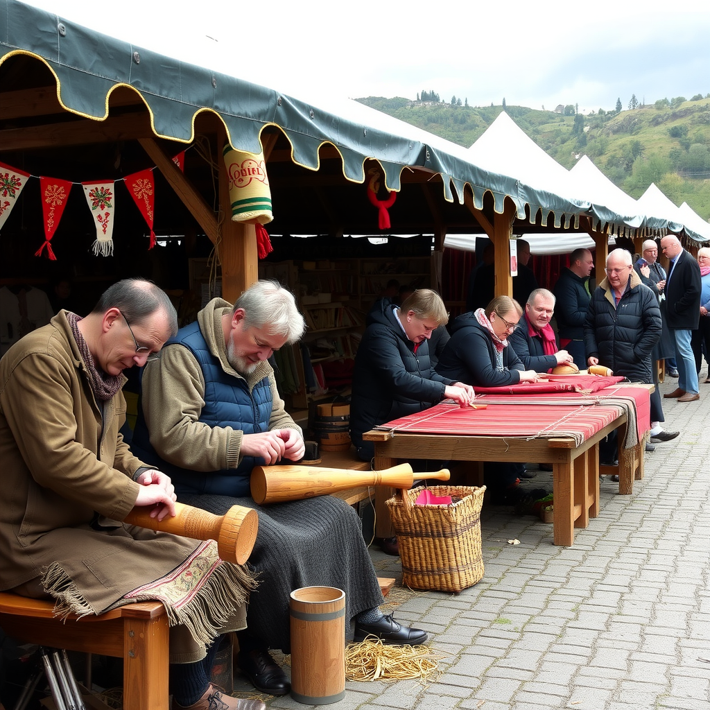 Traditional Norwegian craftspeople demonstrating wood carving and textile weaving techniques at outdoor festival stalls with visitors watching and learning