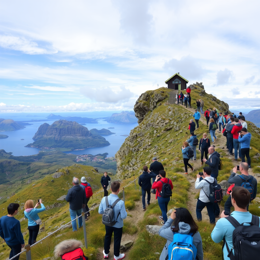 Crowded hiking trail on Reinebringen mountain with tourists taking photos of the panoramic view over Reine village and surrounding fjords