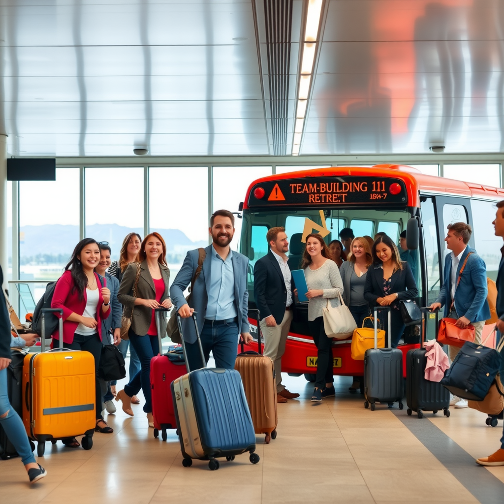 Large group of happy travelers with luggage at airport departure gate, corporate team building event participants boarding a bus for retreat destination