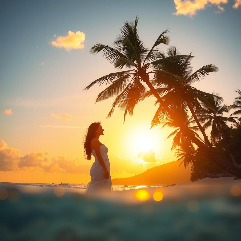 Romantic couple silhouetted against golden sunset on pristine tropical beach with swaying palm trees and crystal clear waters
