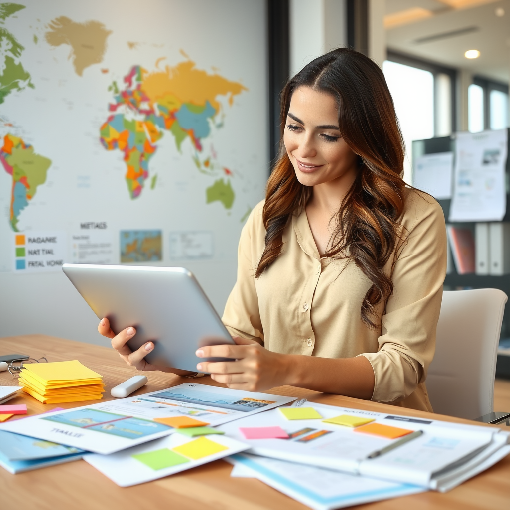 Professional female travel coordinator in modern office with large world map on wall, using tablet to organize detailed group travel itinerary with colorful sticky notes and travel documents spread on desk