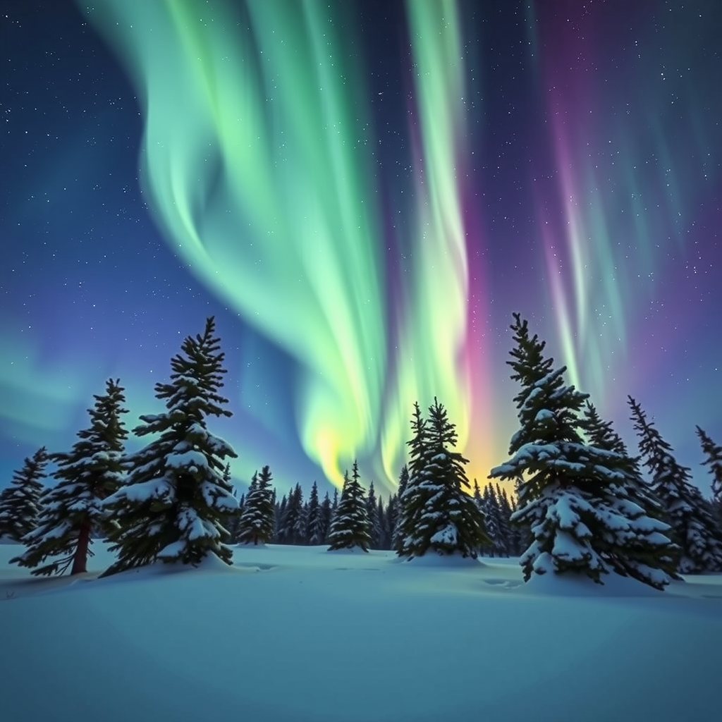 Spectacular Northern Lights aurora borealis dancing over snow-covered Arctic landscape with silhouettes of pine trees