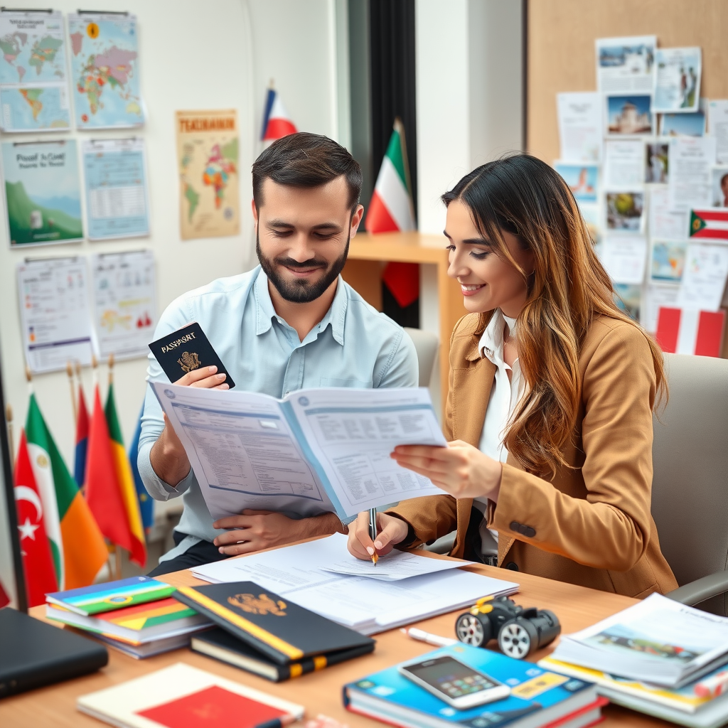 Travel documentation specialist helping client with passport, visa requirements, and travel forms at organized desk with multiple country flags and travel guides