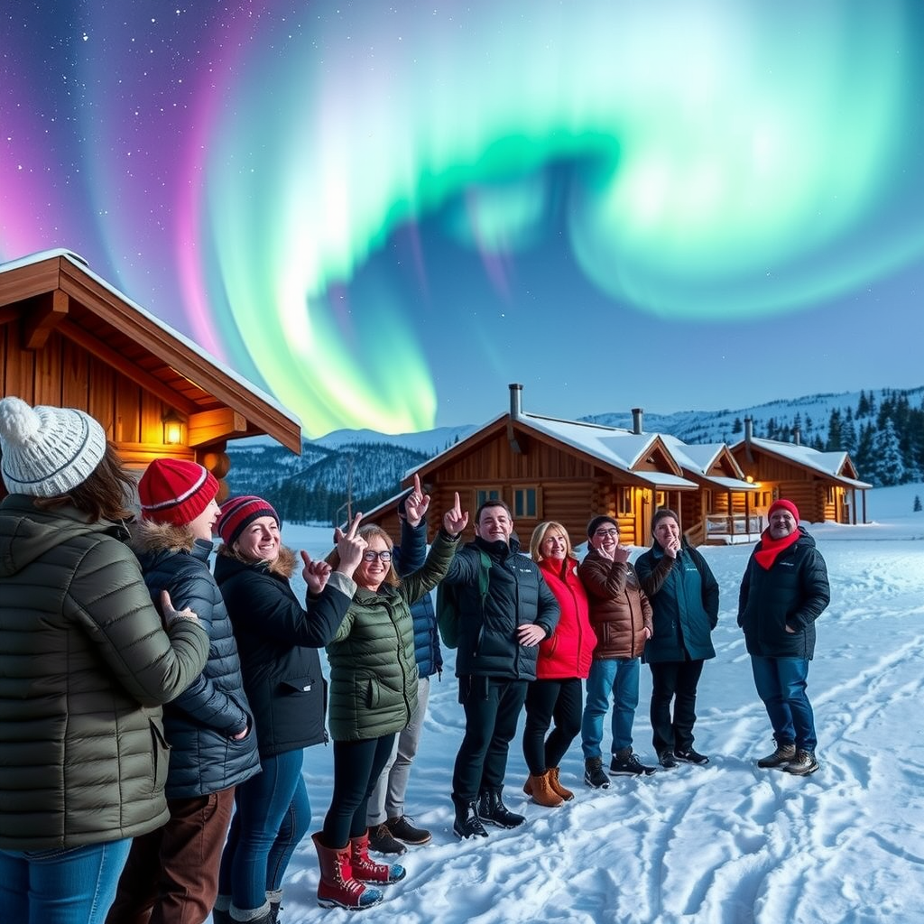 Group of excited tourists bundled in winter clothing pointing up at the colorful northern lights display while standing in the snow outside traditional Norwegian cabins
