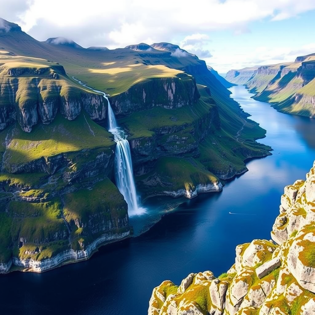 Panoramic view of Norwegian fjords with dramatic waterfalls cascading down steep mountain cliffs into deep blue waters, showcasing the natural attractions that will be more accessible to Icelandic travelers via the new direct flight route