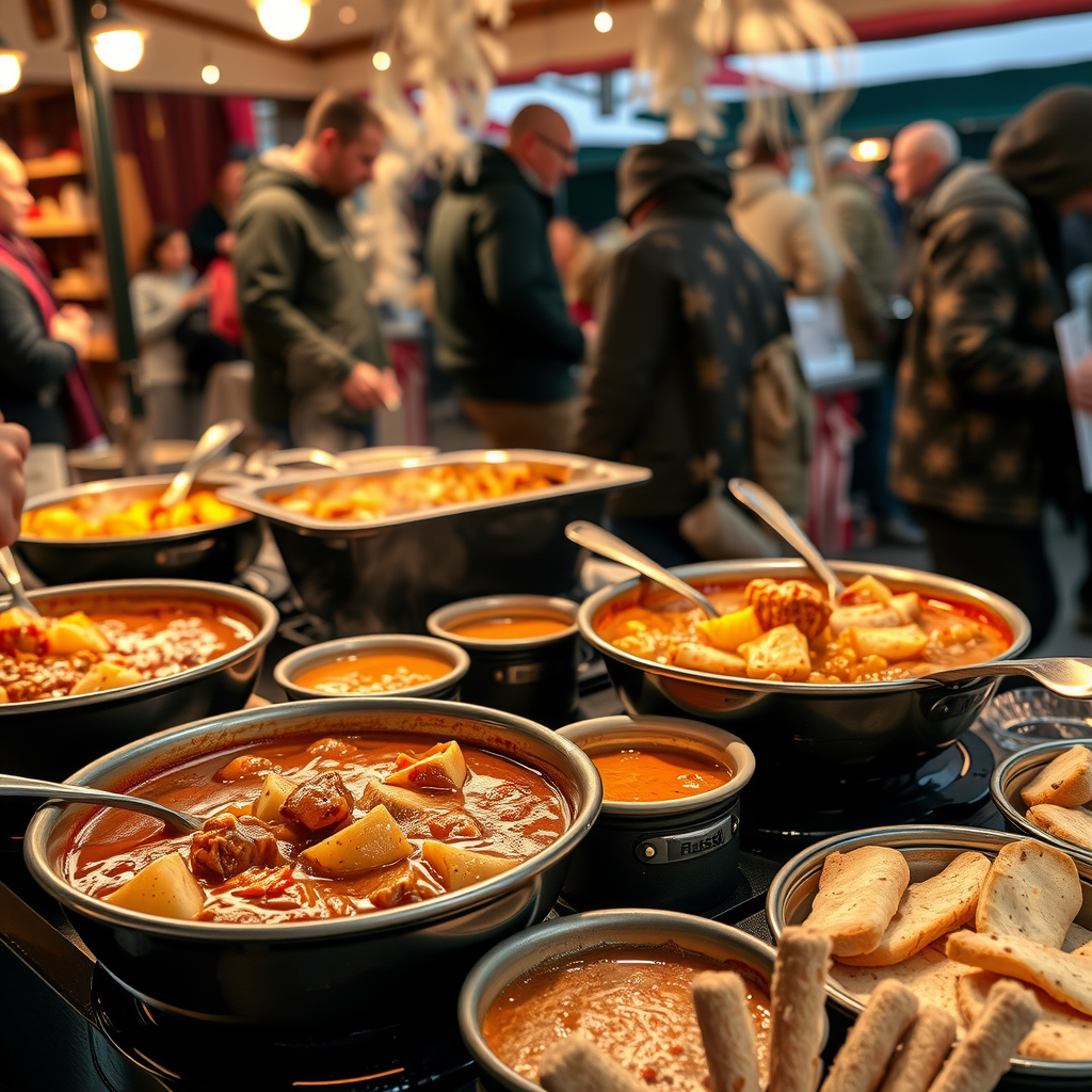 Steaming bowls of traditional Norwegian winter dishes including reindeer stew and lefse being served at festival food stalls with warm lighting