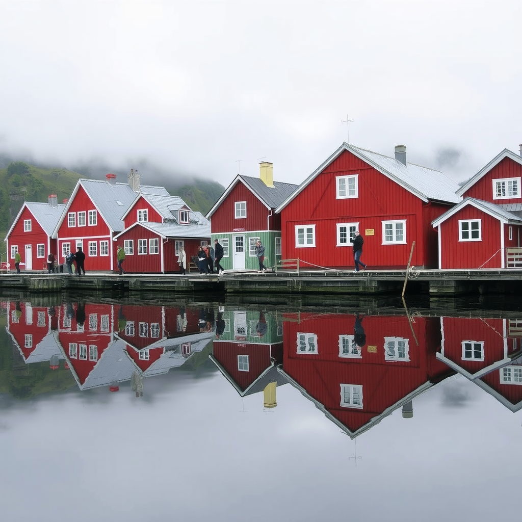 Traditional red rorbuer fishing cabins reflected in calm waters with tourists exploring the historic village of Nusfjord
