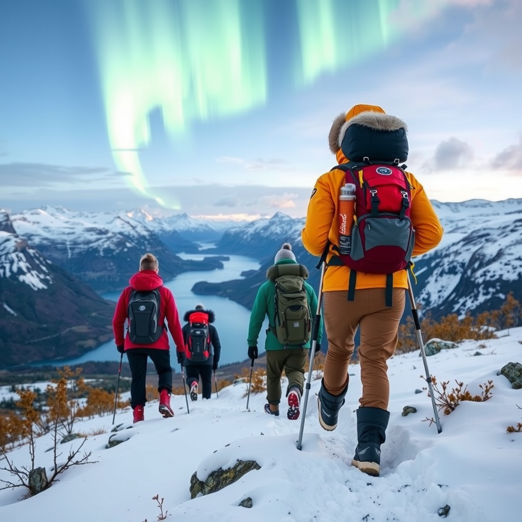Adventurous travelers hiking through Norwegian fjords with Northern Lights visible in the sky, wearing winter gear and carrying backpacks on snowy mountain trail
