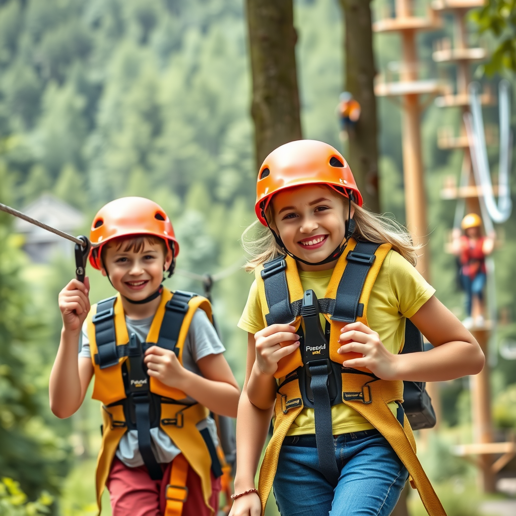 Joyful family with two children wearing safety gear while enjoying adventure activities at outdoor park with zip lines, rope courses and lush forest background