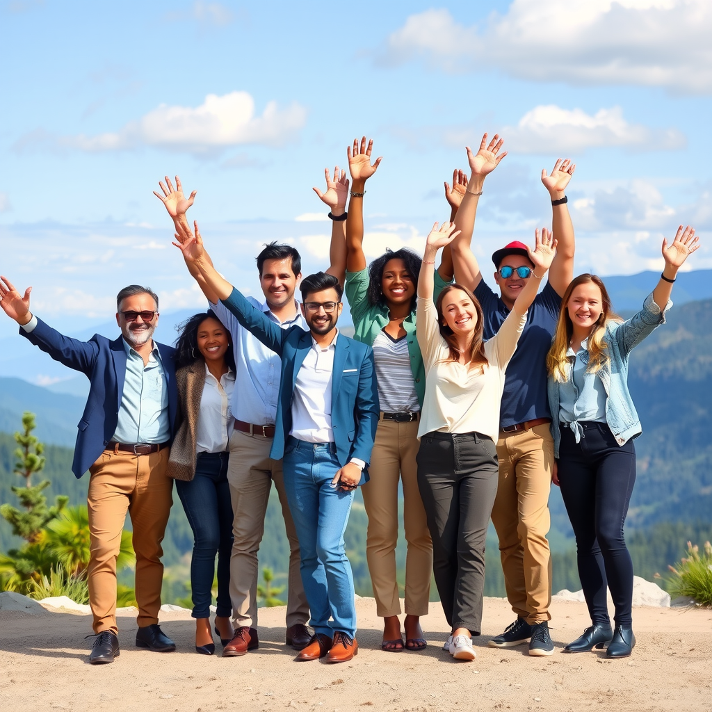 Diverse group of happy business professionals in casual attire celebrating successful team building retreat, standing together with arms raised in victory pose against beautiful mountain landscape backdrop