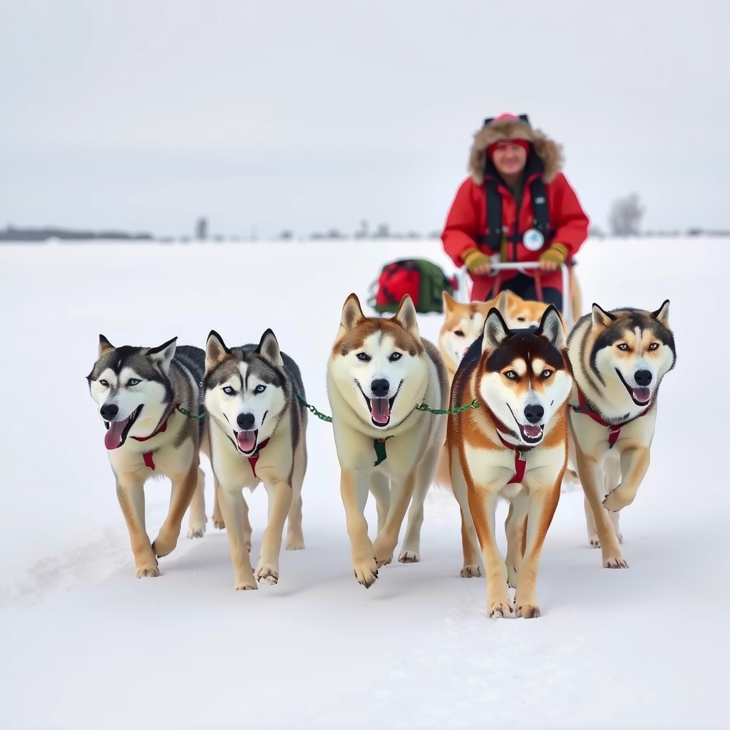 Team of energetic huskies pulling a sled across pristine white snow with musher in traditional Arctic gear