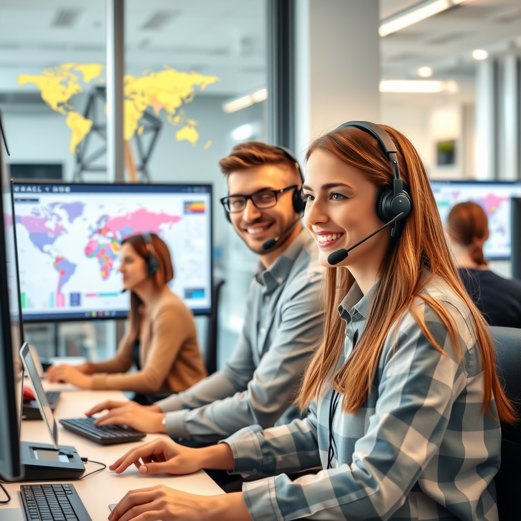 Friendly multilingual customer support team working at modern call center with headsets, multiple monitors showing world map and travel assistance dashboard