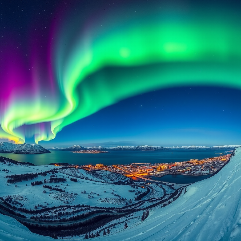 Panoramic view of the northern lights creating a spectacular green and purple curtain across the entire Arctic sky above the snow-covered landscape of Tromsø, with the city lights twinkling below