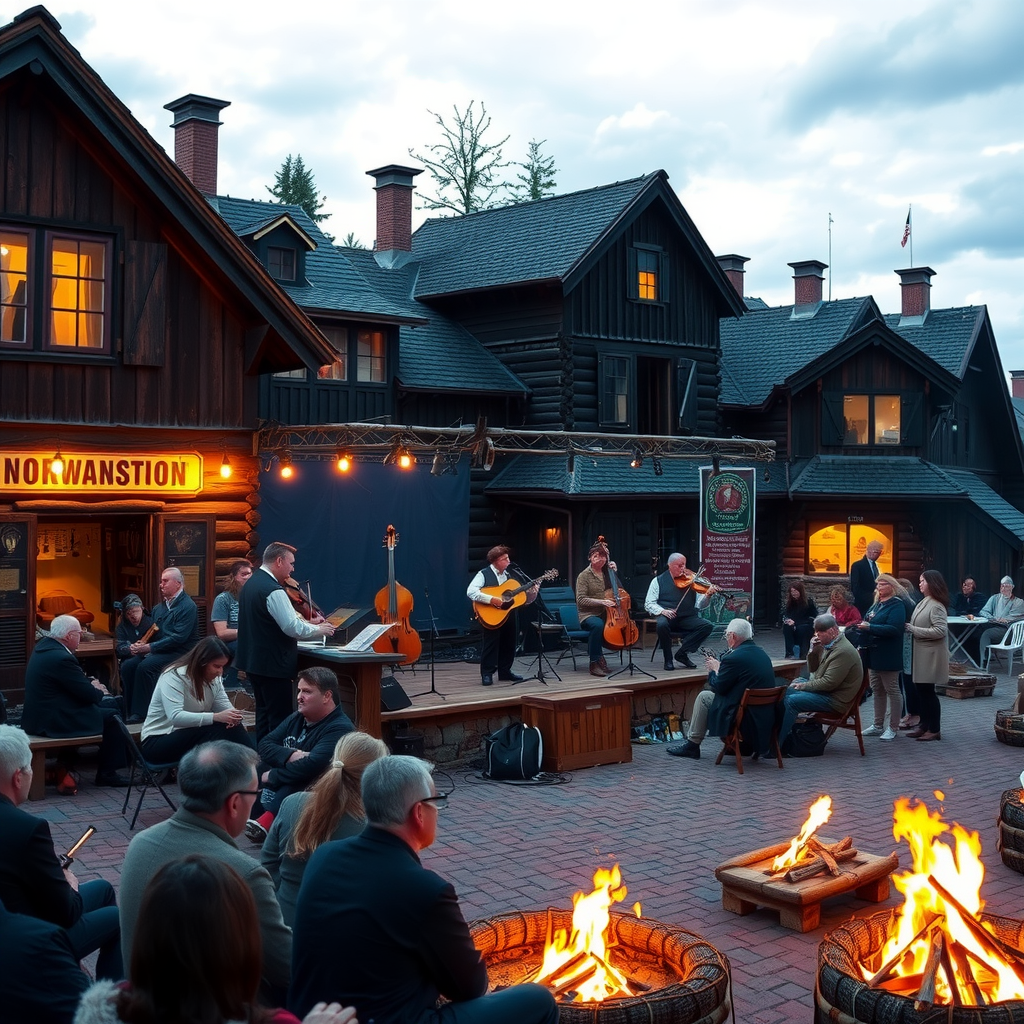 Evening concert scene with Norwegian folk musicians performing on an outdoor stage surrounded by historic wooden buildings, with audience members gathered around warming fires