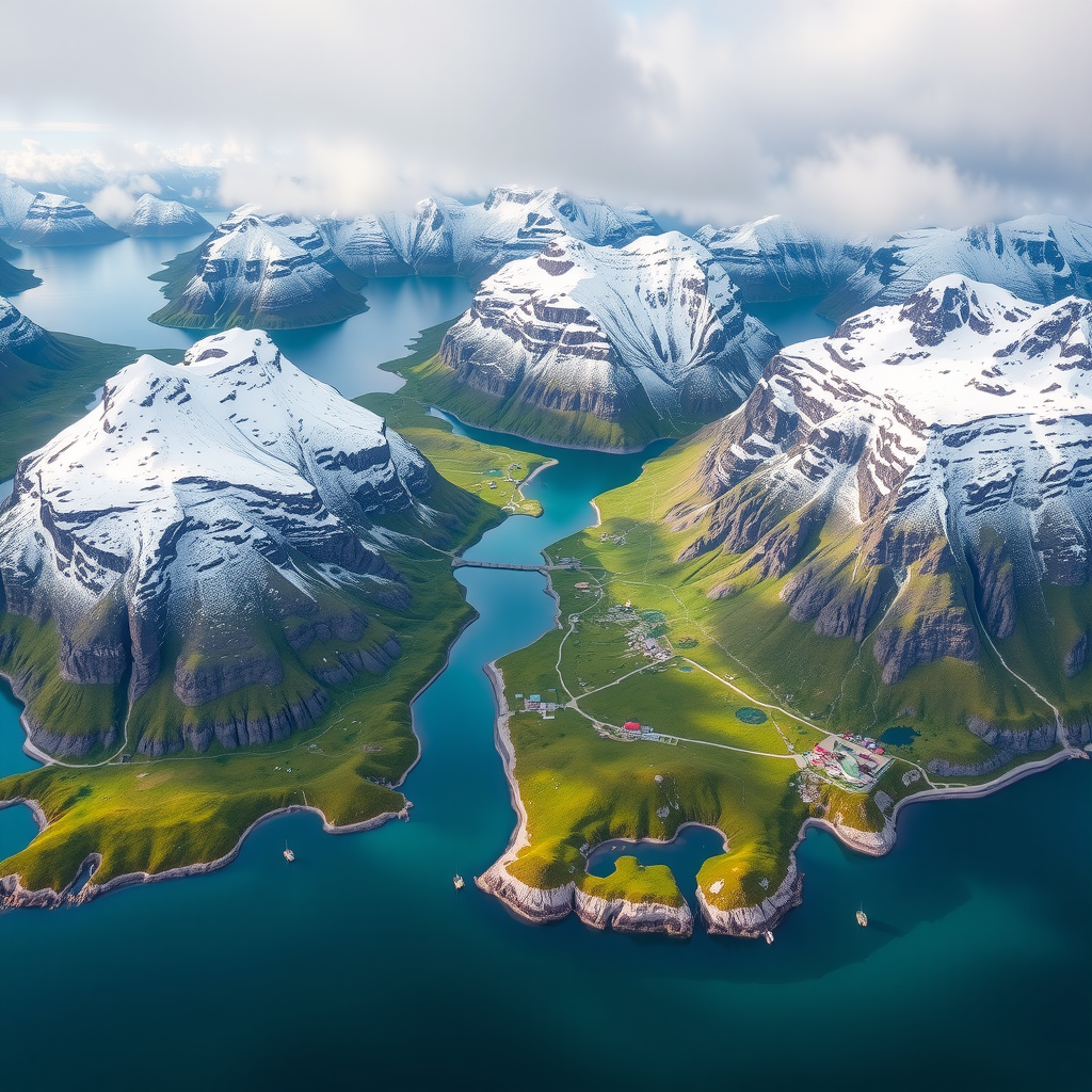 Aerial view of the Lofoten Islands showing the dramatic contrast between snow-capped peaks, emerald green valleys, and turquoise waters with sustainable tourism infrastructure visible