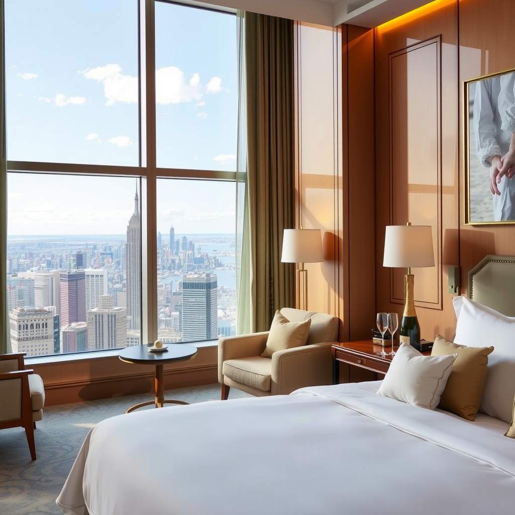Elegant luxury hotel suite with panoramic city view, champagne service, and personal concierge arranging exclusive dining reservations and VIP experiences
