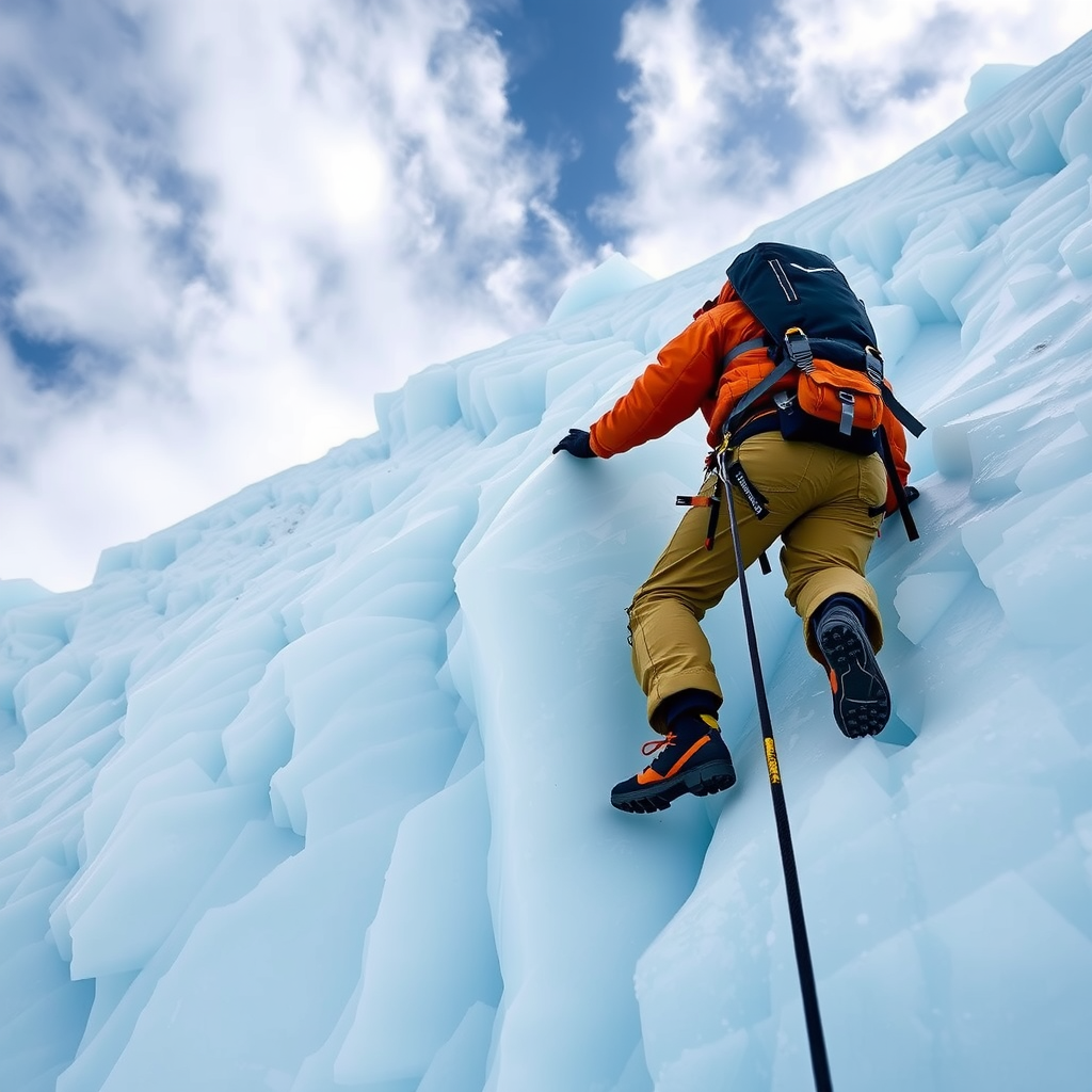 Adventurous climber scaling a massive blue ice wall with specialized equipment against dramatic Arctic sky