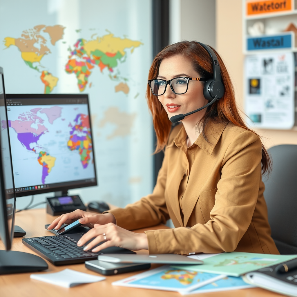 Professional customer service representative providing 24/7 travel support via phone and computer, with world map and travel documents visible on desk