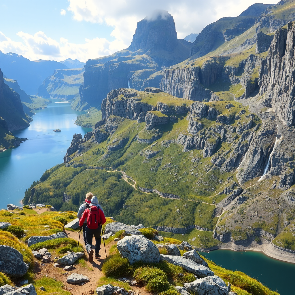 Hikers traversing dramatic Norwegian fjord landscape with steep cliffs, waterfalls, and pristine lakes