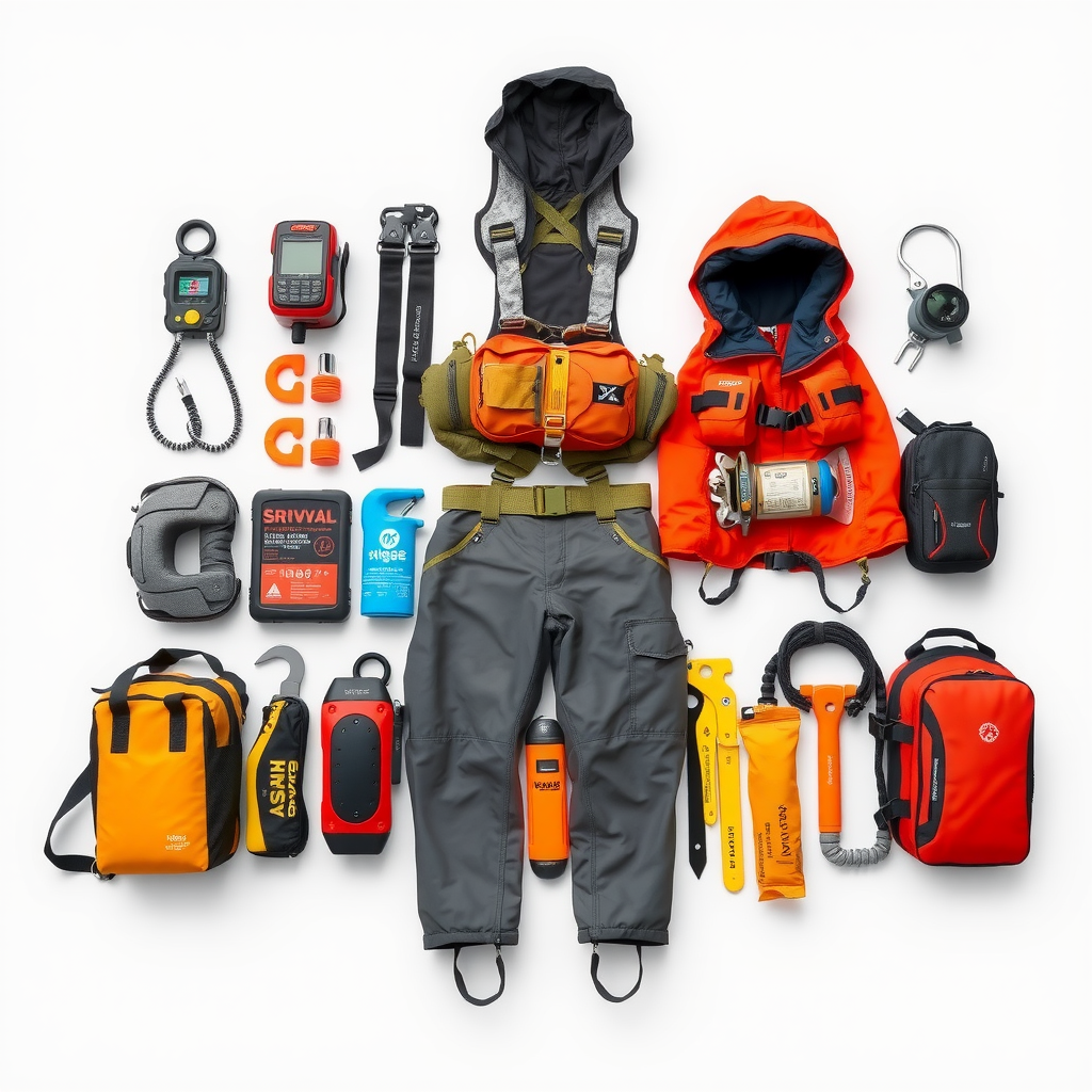 Professional outdoor safety equipment including climbing gear, emergency beacons, and cold weather survival tools laid out systematically